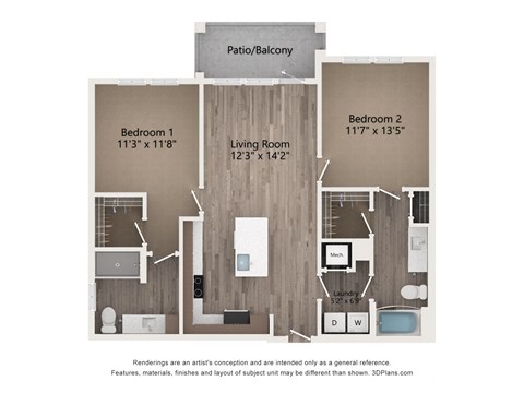 Floor plan for 2 beds, 2 baths, 1061 sqft